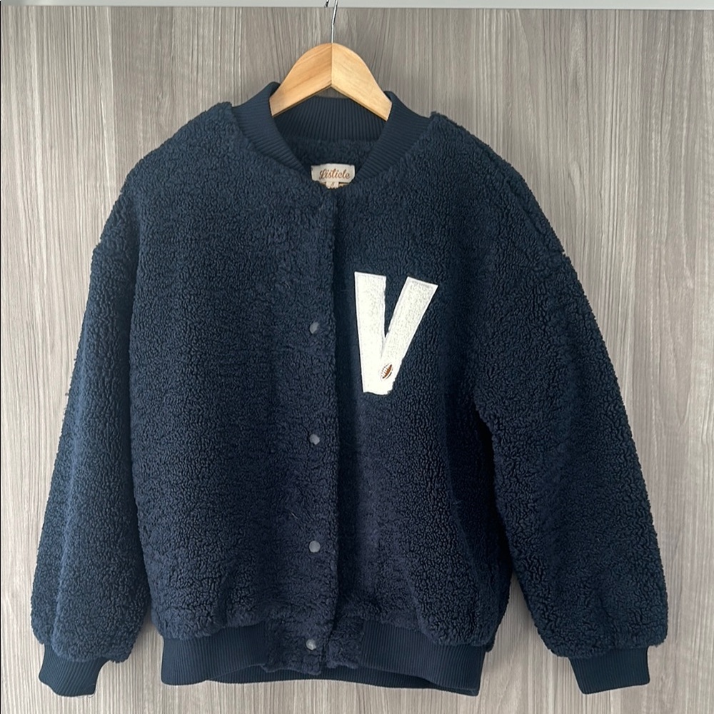 Navy Blue Sherpa Sweater/Jacket with White V Patch
